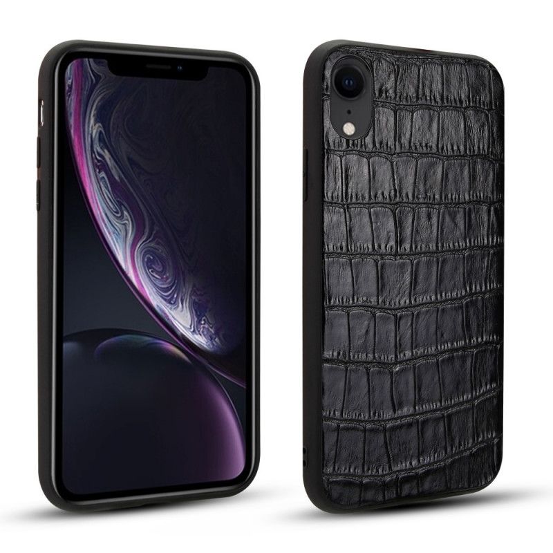 Etui iPhone XR Granatowy Czarny Prawdziwa Skóra O Fakturze Krokodyla