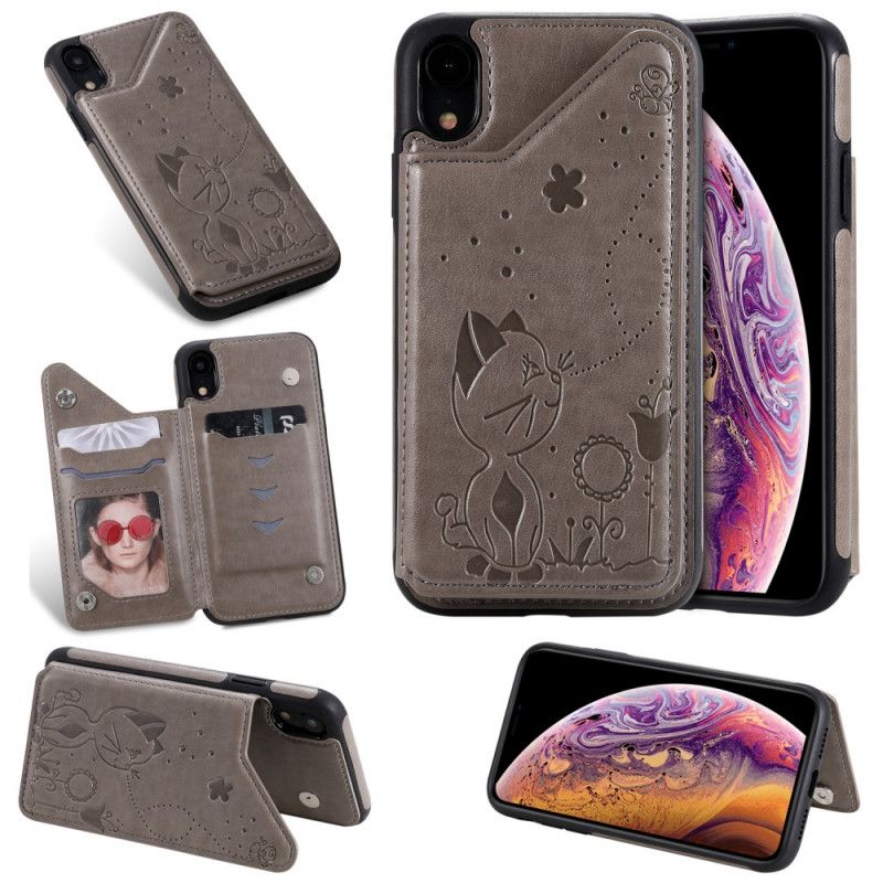 Etui iPhone XR Szary Etui Na Karty Z Imitacji Skóry Uchwyt Dla Kota