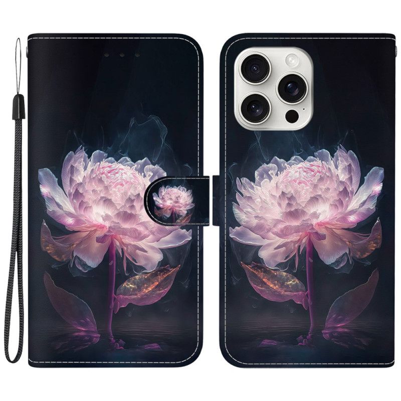 Etui Folio Do iPhone 16 Pro Max Fioletowa Piwonia Z Paskiem