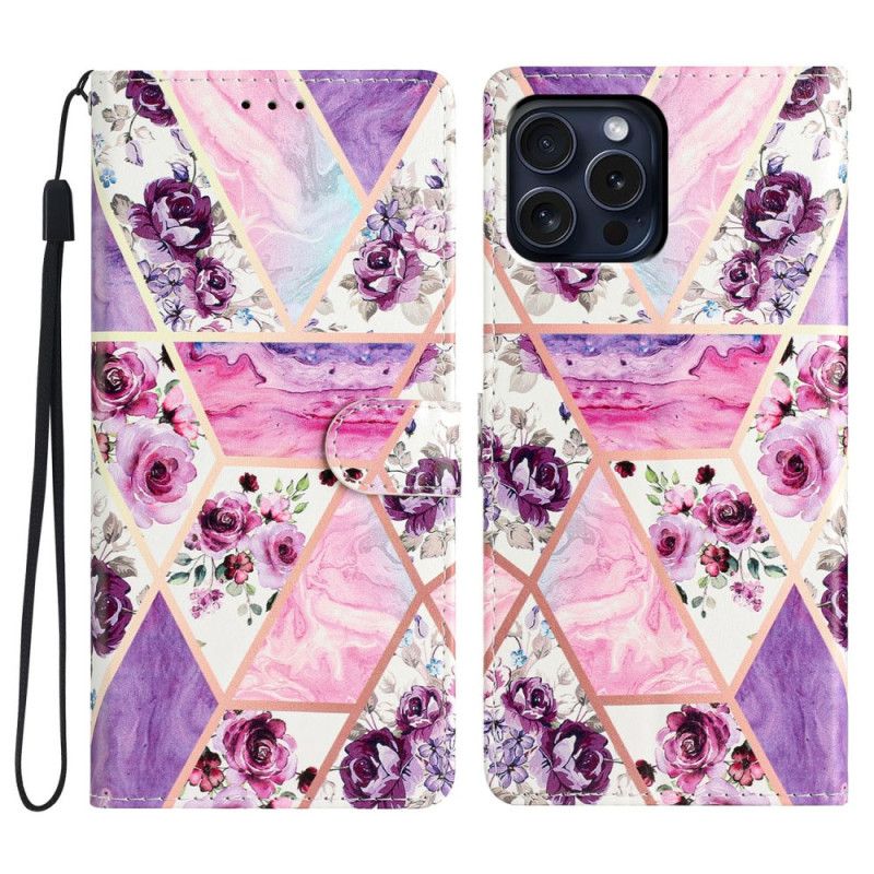 Etui Folio Do iPhone 16 Pro Max Fioletowe Kwiaty Z Paskiem