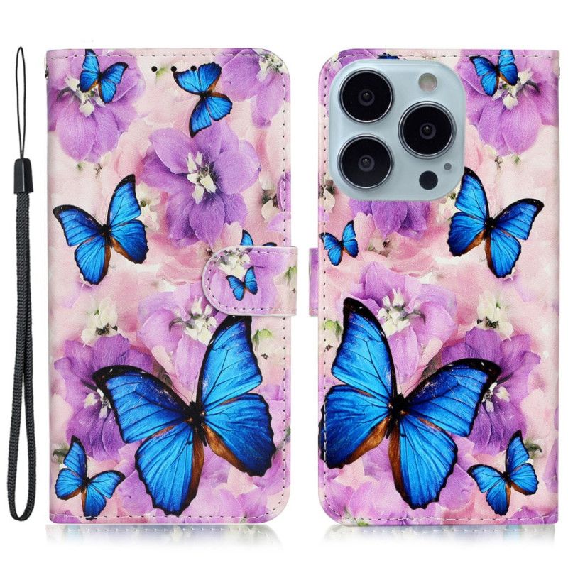 Etui Folio Do iPhone 16 Pro Max Motyle I Fioletowe Kwiaty Z Paskiem