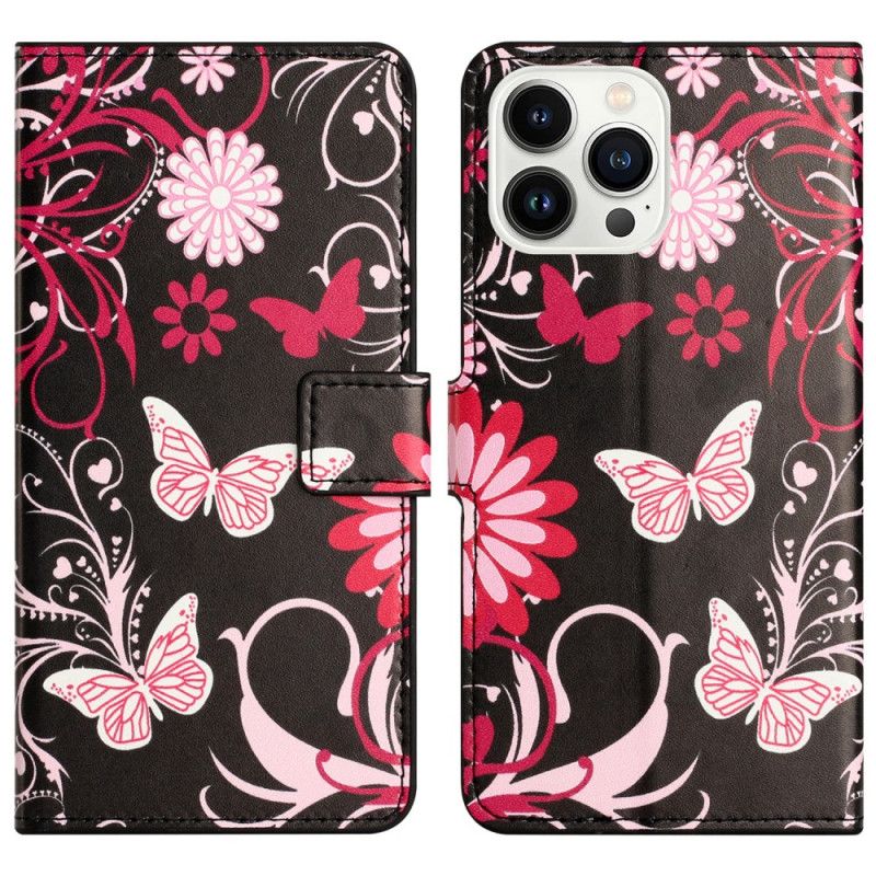 Etui Folio iPhone 16 Pro Max Motyle Na CZarnym Tle