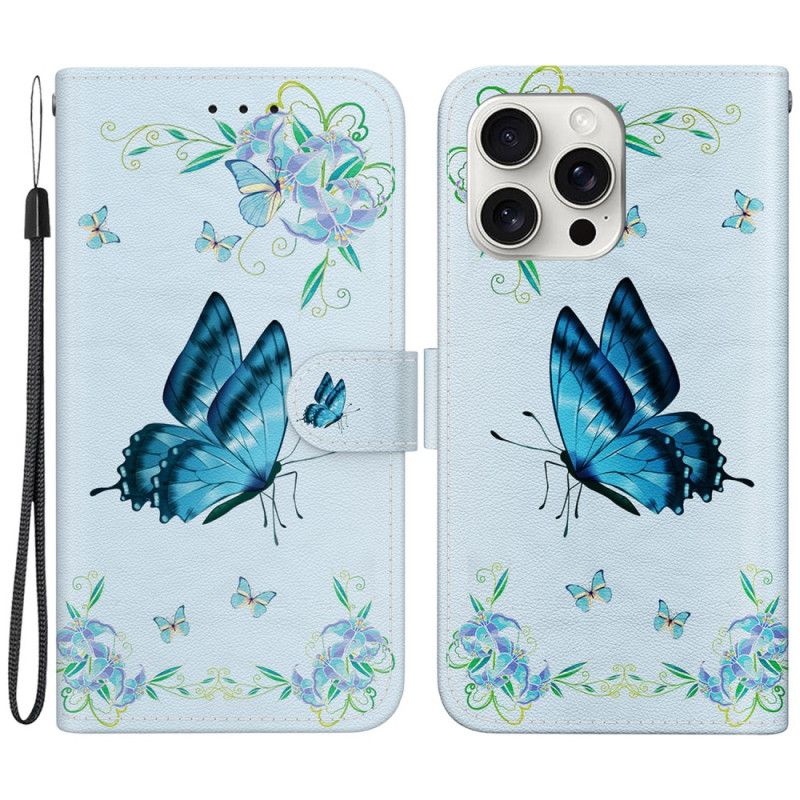 Etui Folio iPhone 16 Pro Max Niebieski Motyl I Kwiaty Z Paskiem Etui Ochronne