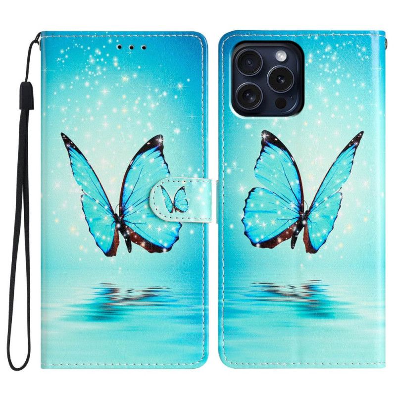 Etui Folio iPhone 16 Pro Max Niebieski Motyl Na Wodzie Z Paskiem Etui Ochronne