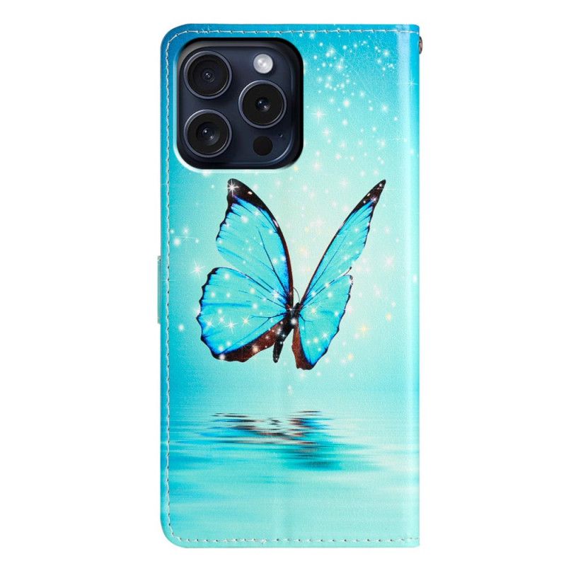 Etui Folio iPhone 16 Pro Max Niebieski Motyl Na Wodzie Z Paskiem Etui Ochronne