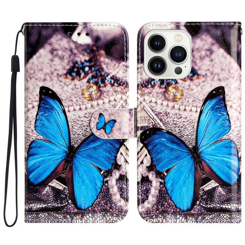 Etui Folio iPhone 16 Pro Max Niebieski Motyl Z Paskiem Etui Ochronne