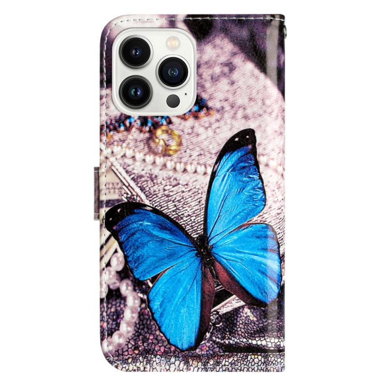 Etui Folio iPhone 16 Pro Max Niebieski Motyl Z Paskiem Etui Ochronne