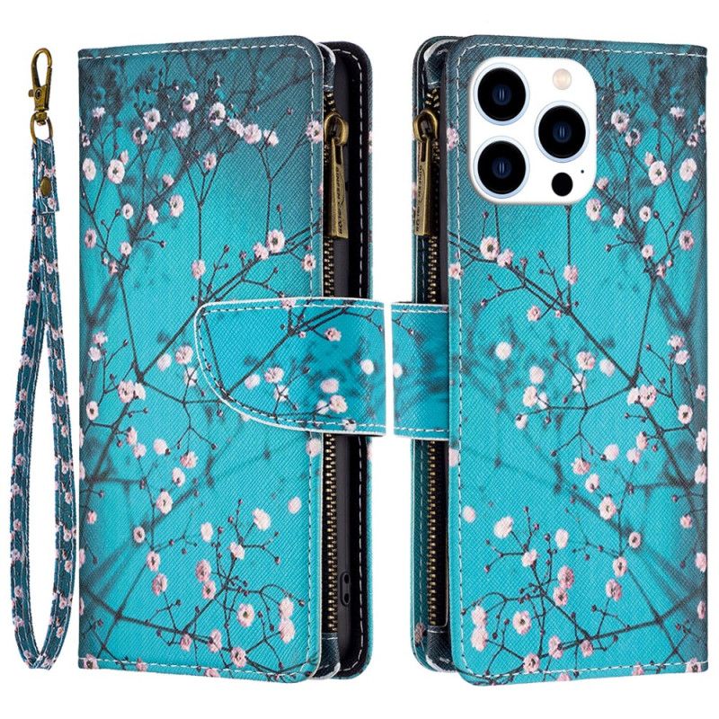 Etui Folio iPhone 16 Pro Max Portfel W Kwiaty Śliwy Z Paskiem Etui Ochronne