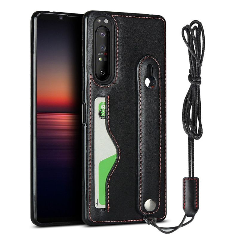 Etui Sony Xperia 1 II Czerwony Czarny Pasek Z Prawdziwej Skóry I Etui Na Karty