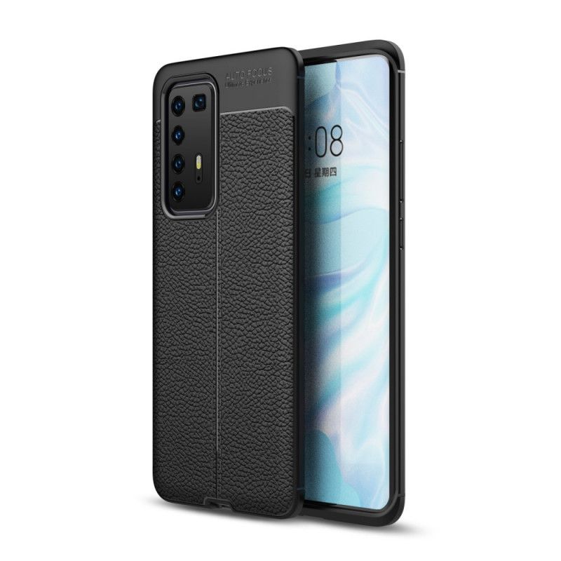 Etui Huawei P40 Pro Czerwony Czarny Efekt Skóry Z Podwójną Linią Liczi