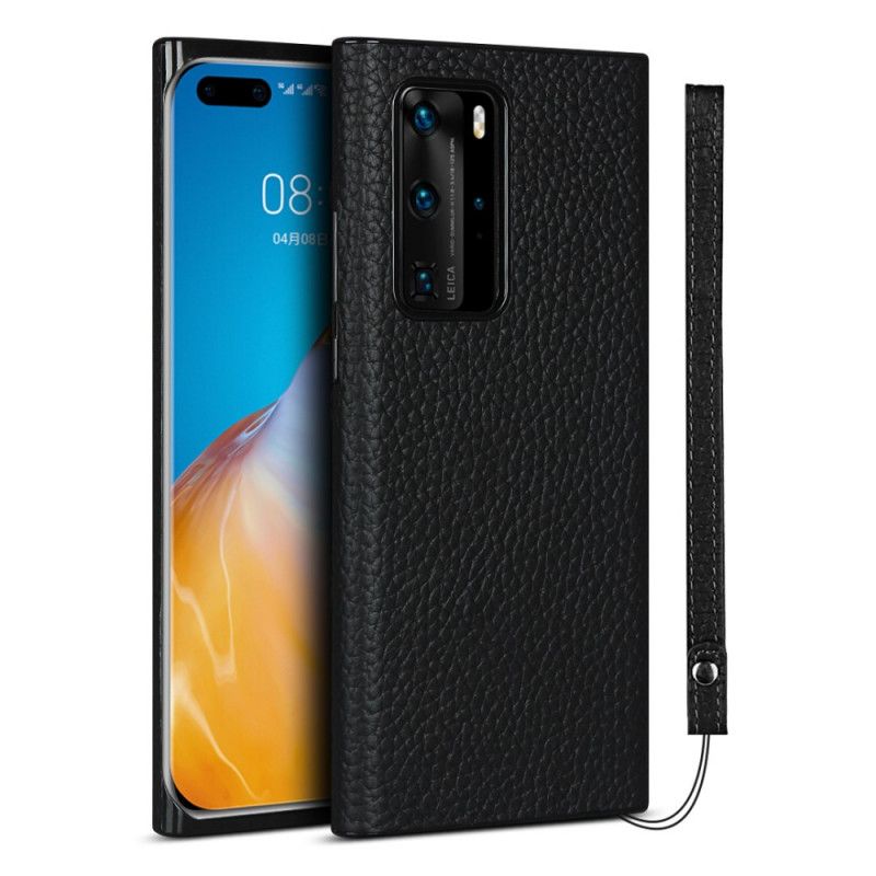 Etui Huawei P40 Pro Szary Czarny Prawdziwa Skóra Liczi Z Paskiem