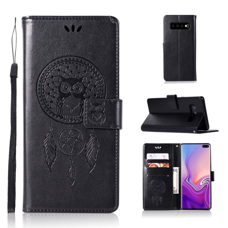 Etui Folio Samsung Galaxy S10 Plus Jasnoniebieski Szary Łapacz Snów Sowy Z Efektem Skóry Etui Ochronne