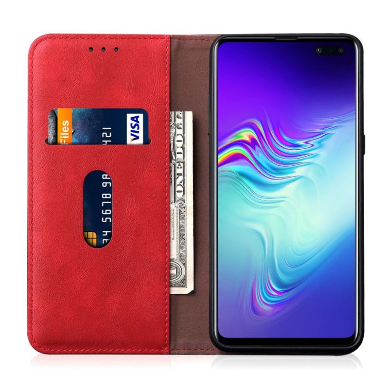 Flip Kotelot Samsung Galaxy S10 Plus Brązowy Czerwony Efekt Szytej Skóry Etui Ochronne