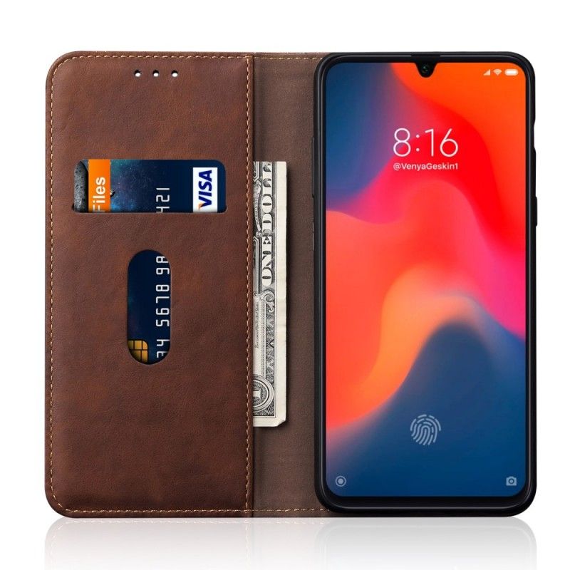 Flip Kotelot Xiaomi Mi 9 Czerwony Czarny Efekt Szytej Skóry