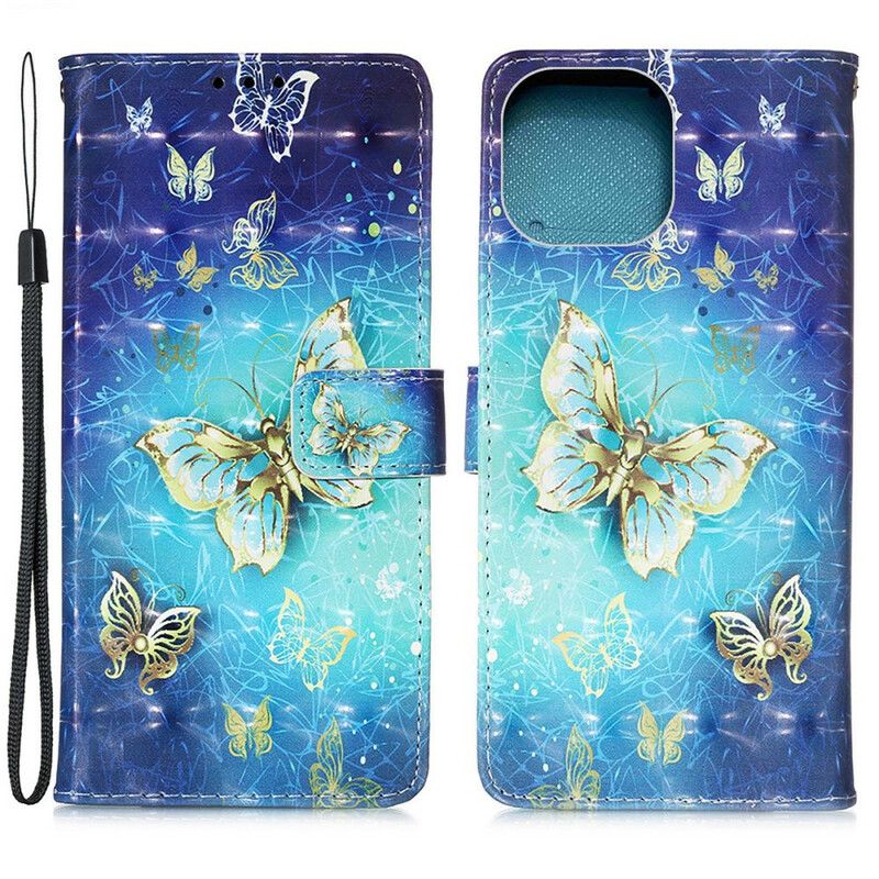 Etui Folio Iphone 13 Mini Złota Smycz Motyle Etui Ochronne