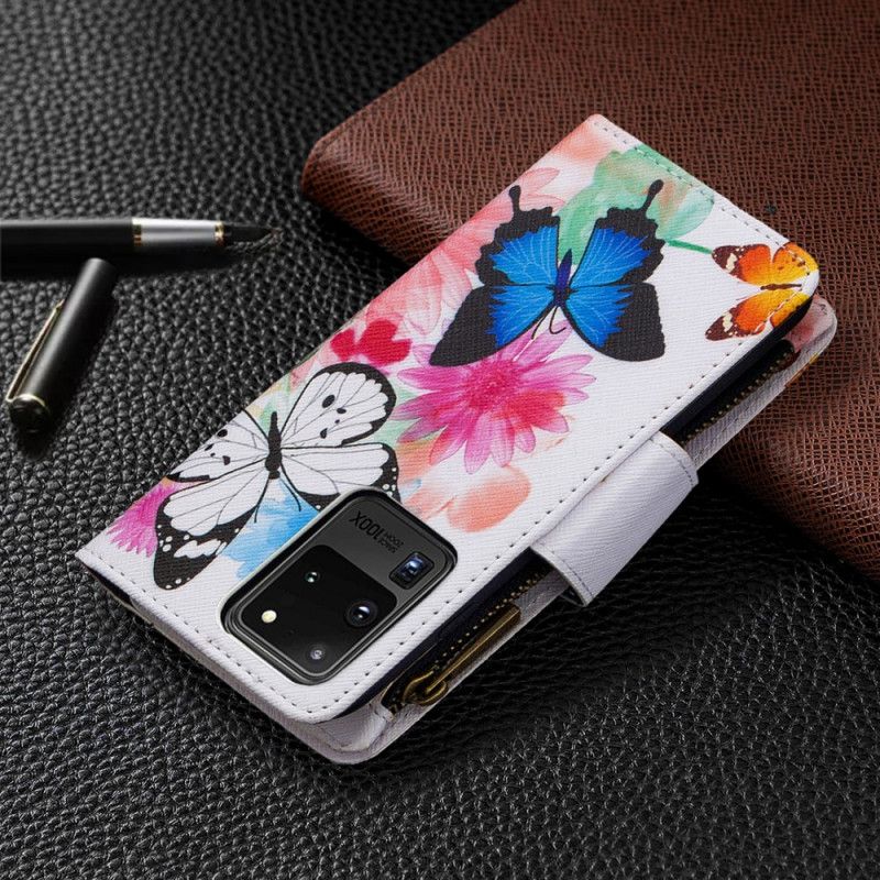 Etui Folio Samsung Galaxy S20 Ultra Biały Czarny Kieszeń Motylkowa Na Suwak Etui Ochronne