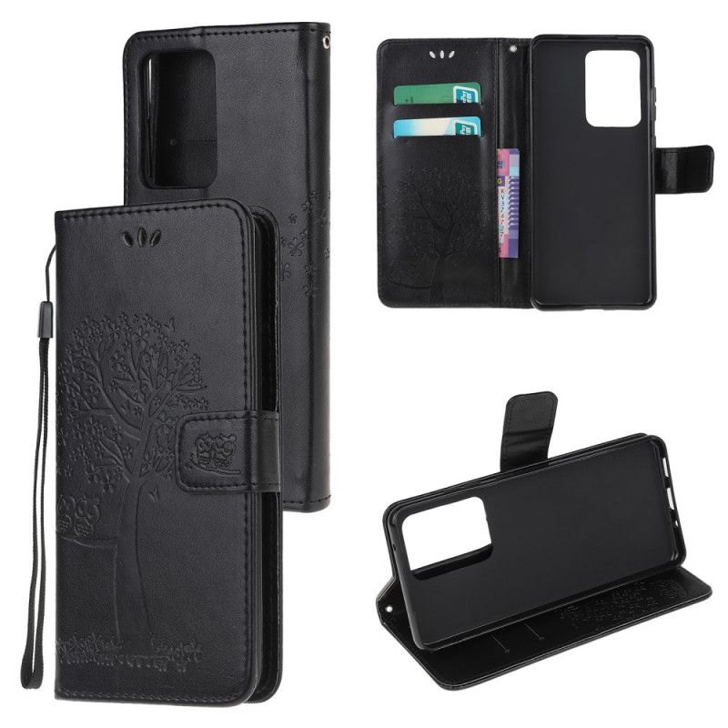 Etui Folio Samsung Galaxy S20 Ultra Jasnoniebieski Czarny Sowy Drzewne I Stringi