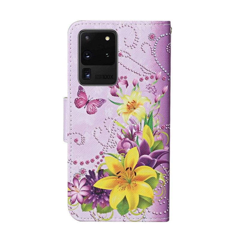 Etui Folio Samsung Galaxy S20 Ultra Jasnoniebieski Magenta Mistrzowskie Kwiaty Ze Stringami