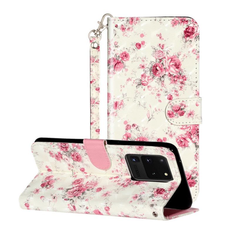 Etui Folio Samsung Galaxy S20 Ultra Kwiaty Jasne Plamy Z Paskiem Etui Ochronne