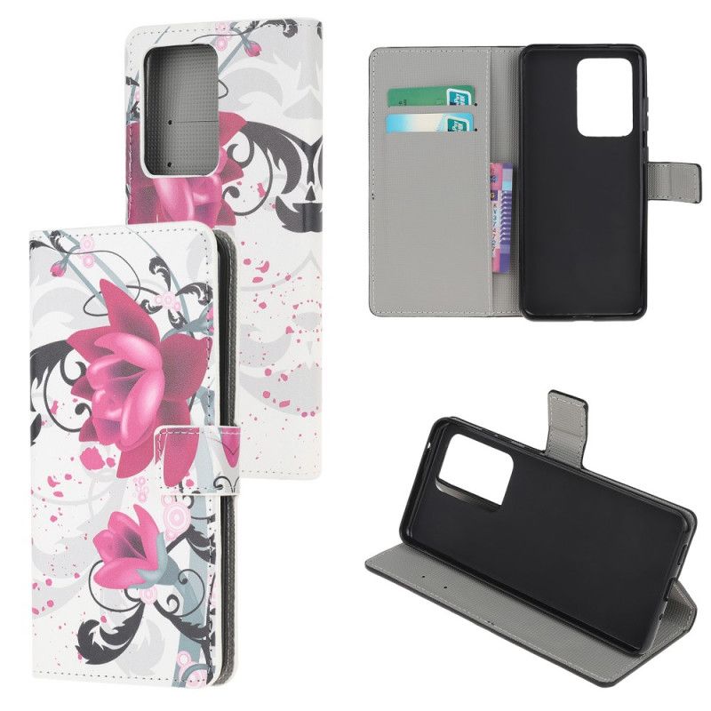 Etui Folio Samsung Galaxy S20 Ultra Różowy Kwiaty Tropikalne Etui Ochronne