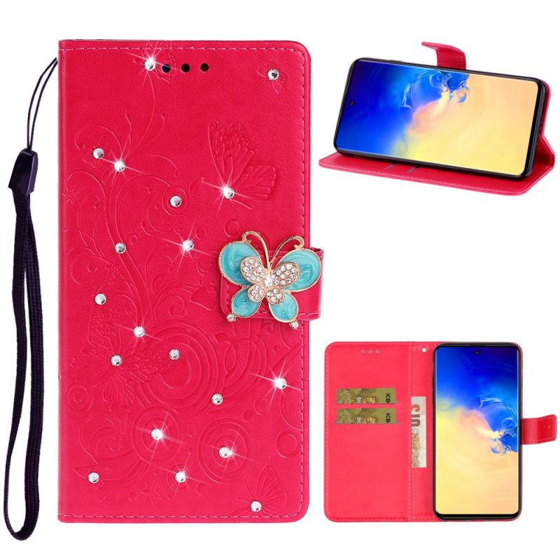 Etui Folio Samsung Galaxy A71 Fioletowy Czerwony Zawieszka W Kształcie Motyla