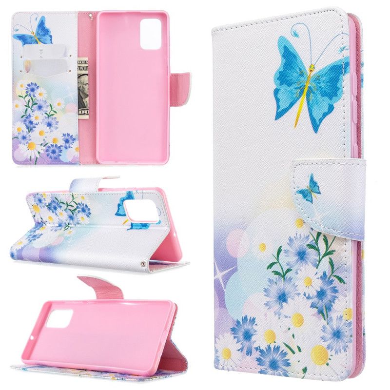 Etui Folio Samsung Galaxy A71 Jasnoniebieski Magenta Malowane Motyle I Kwiaty