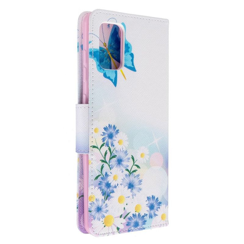 Etui Folio Samsung Galaxy A71 Jasnoniebieski Magenta Malowane Motyle I Kwiaty