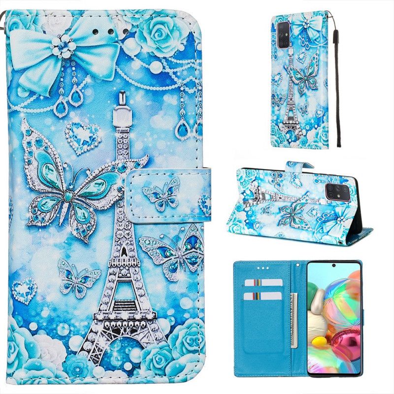 Etui Folio Samsung Galaxy A71 Motyle Wieży Eiffla Z Paskiem Etui Ochronne