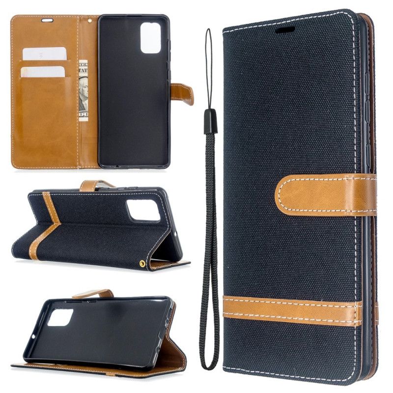 Etui Folio Samsung Galaxy A71 Szary Czarny Efekt Tkaniny I Skóry Ze Stringami