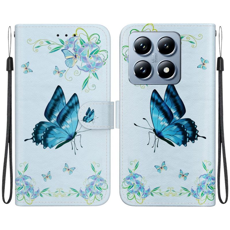 Etui Folio Xiaomi 14t Pro Niebieski Motyl I Kwiaty Z Paskiem Etui Ochronne