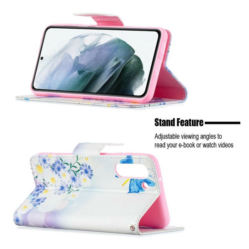 Etui Folio Samsung Galaxy S21 Fe Malowane Motyle I Kwiaty Etui Ochronne