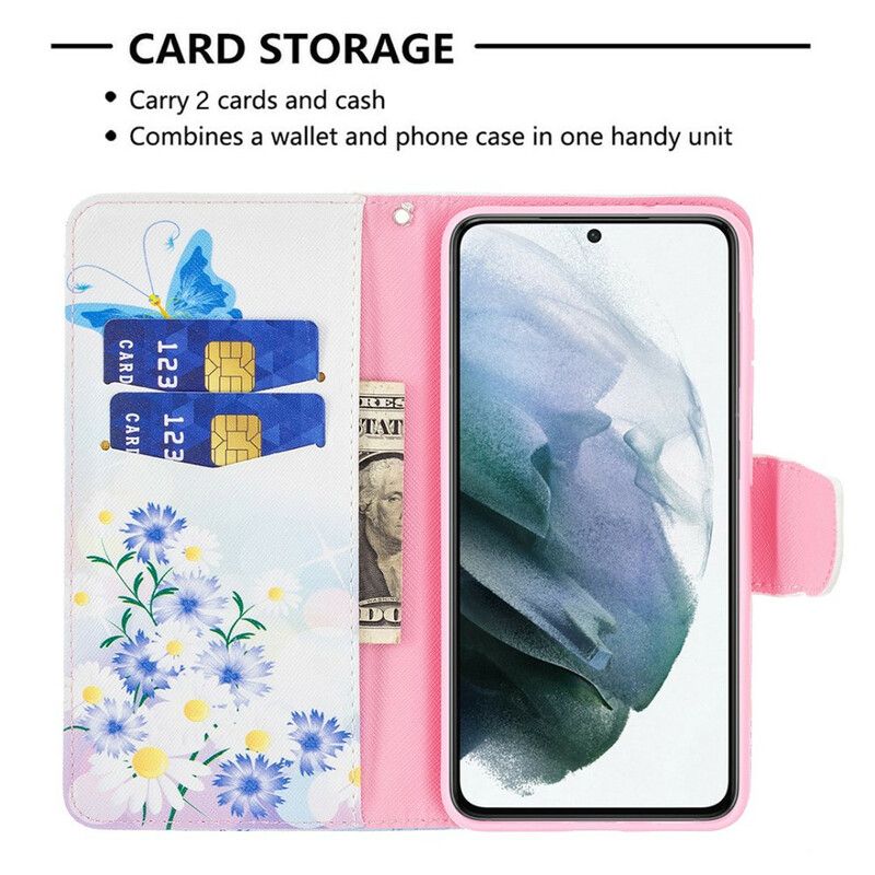 Etui Folio Samsung Galaxy S21 Fe Malowane Motyle I Kwiaty Etui Ochronne