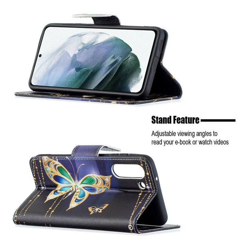 Etui Folio Samsung Galaxy S21 Fe Złoty Motyl Etui Ochronne