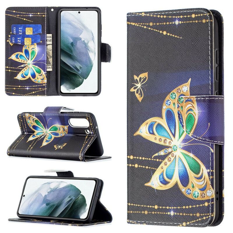 Etui Folio Samsung Galaxy S21 Fe Złoty Motyl Etui Ochronne