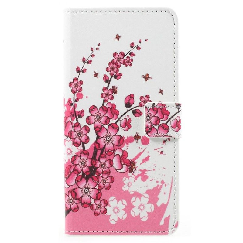 Etui Folio Samsung Galaxy A8 Różowy Magenta Kwiaty Tropikalne Etui Ochronne