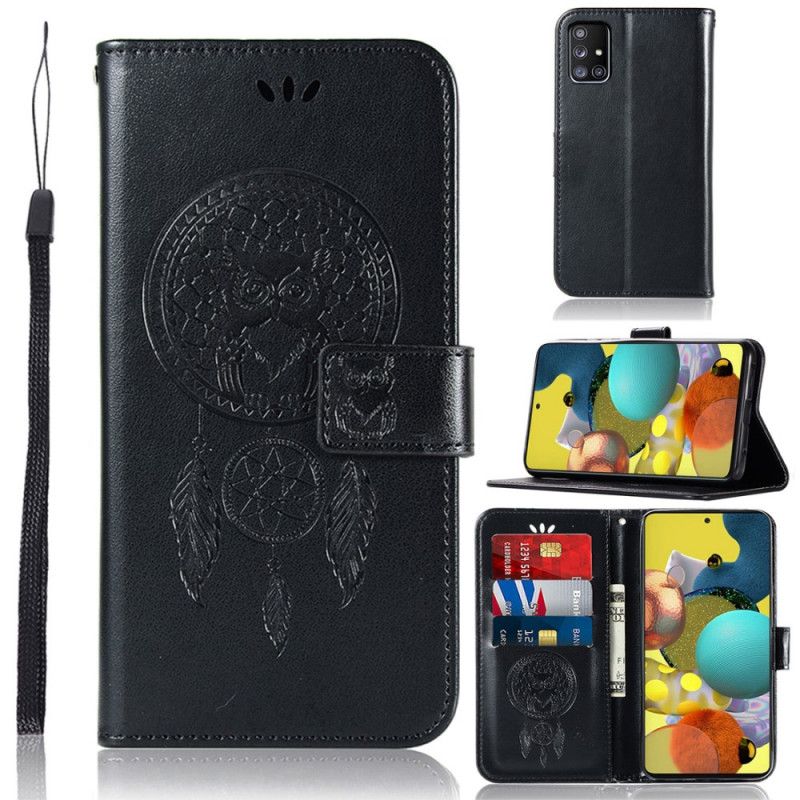 Etui Folio Samsung Galaxy A51 5G Jasnoniebieski Czarny Łapacz Snów Sowy Z Efektem Skóry Etui Ochronne