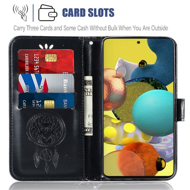 Etui Folio Samsung Galaxy A51 5G Jasnoniebieski Czarny Łapacz Snów Sowy Z Efektem Skóry Etui Ochronne