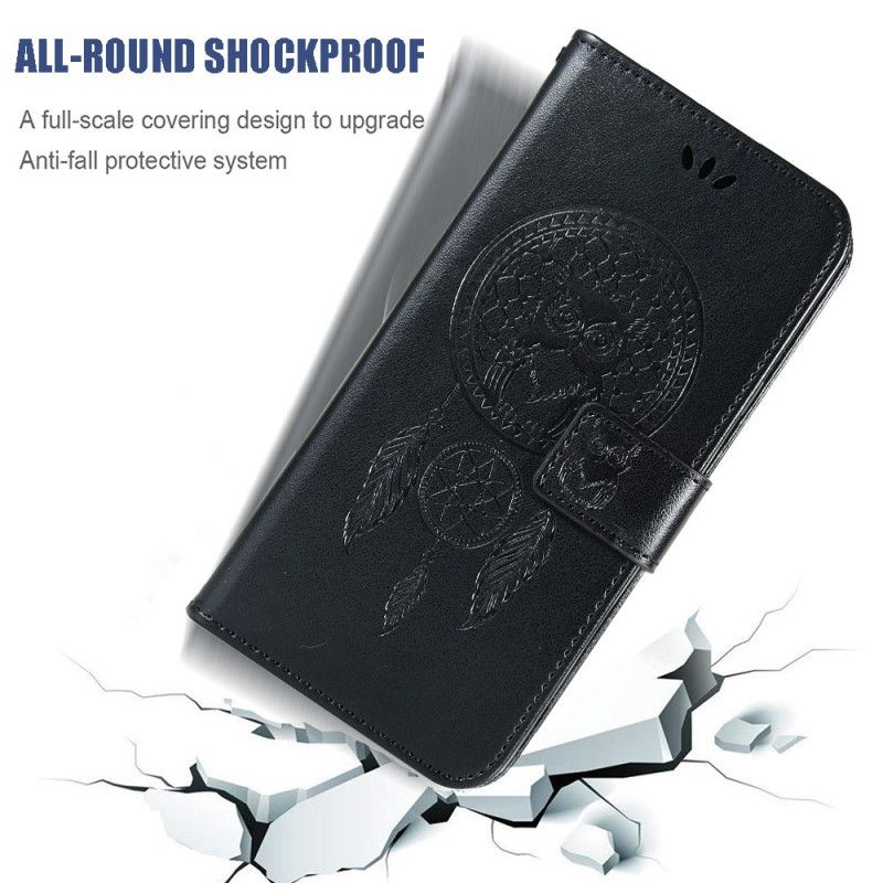 Etui Folio Samsung Galaxy A51 5G Jasnoniebieski Czarny Łapacz Snów Sowy Z Efektem Skóry Etui Ochronne