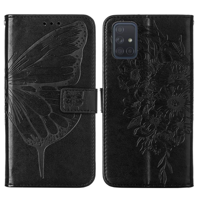 Etui Folio Samsung Galaxy A51 5G Szary Czarny Designerski Motylek Z Paskiem Etui Ochronne