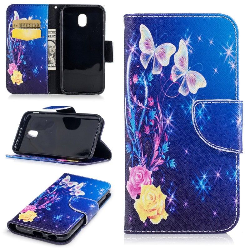 Etui Folio Samsung Galaxy J3 2017 Jasnoniebieski Różowy Motyle W Nocy Etui Ochronne