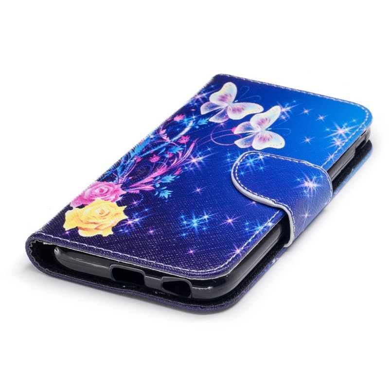 Etui Folio Samsung Galaxy J3 2017 Jasnoniebieski Różowy Motyle W Nocy Etui Ochronne