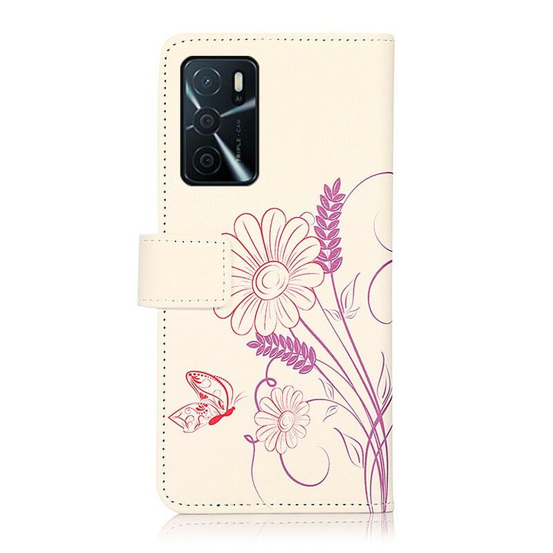 Etui Folio Do Oppo A16 / A16s Rysowanie Motyli I Kwiatów