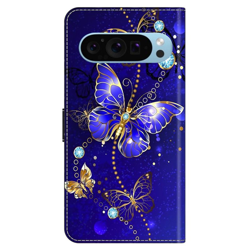 Skórzany Futerał Google Pixel 9 Pro Etui Na Telefon Diamentowy Motyl Na Niebieskim Tle