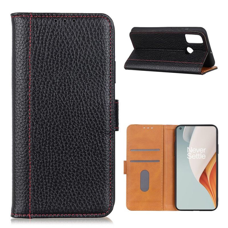 Etui Folio OnePlus Nord N100 Czerwony Czarny Szyty Efekt Skóry Liczi Etui Ochronne