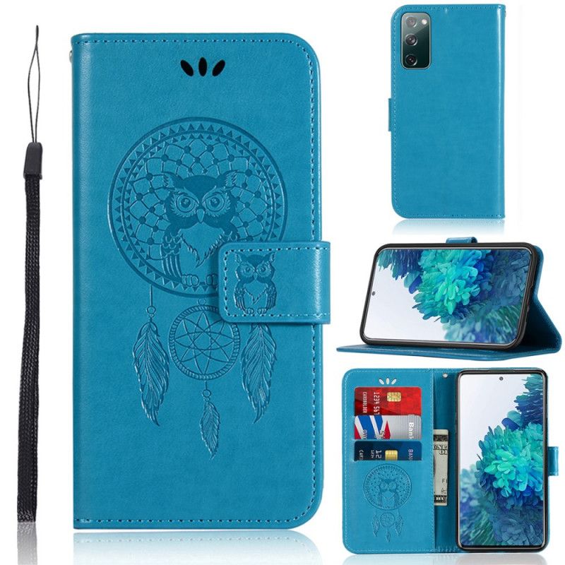 Etui Folio Samsung Galaxy S20 FE Fioletowy Jasnoniebieski Łapacz Snów Sowy Z Efektem Skóry