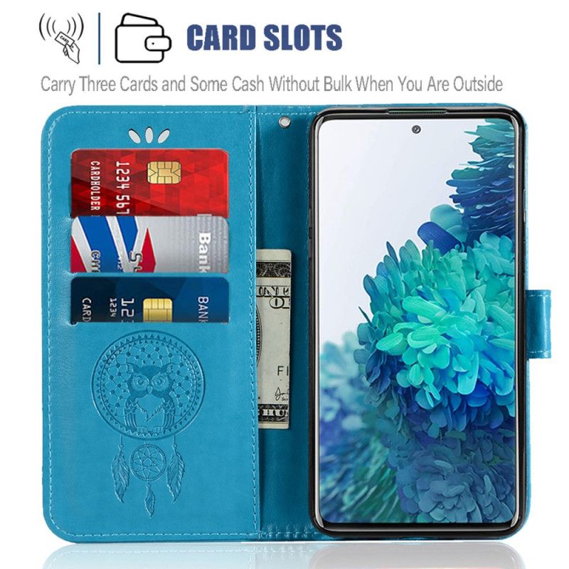 Etui Folio Samsung Galaxy S20 FE Fioletowy Jasnoniebieski Łapacz Snów Sowy Z Efektem Skóry