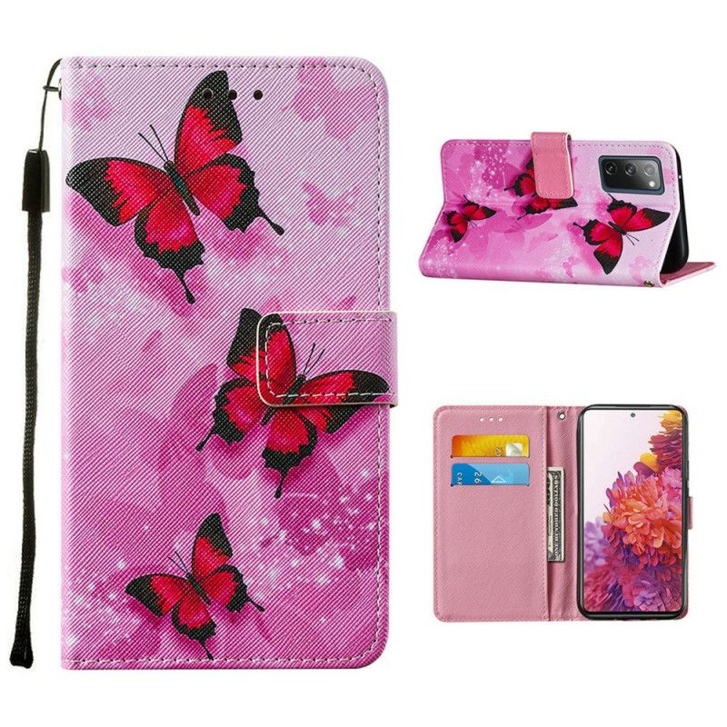 Etui Folio Samsung Galaxy S20 FE Fioletowy Magenta Motyle Ze Sztucznej Skóry Z Teksturą