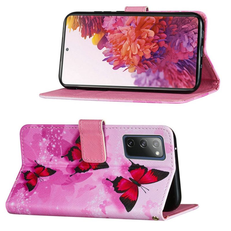 Etui Folio Samsung Galaxy S20 FE Fioletowy Magenta Motyle Ze Sztucznej Skóry Z Teksturą