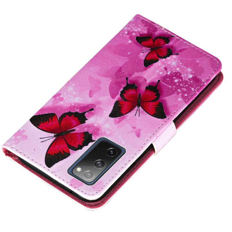 Etui Folio Samsung Galaxy S20 FE Fioletowy Magenta Motyle Ze Sztucznej Skóry Z Teksturą