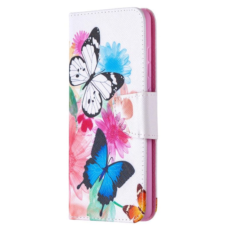 Etui Folio Samsung Galaxy S20 FE Jasnoniebieski Magenta Malowane Motyle I Kwiaty Etui Ochronne